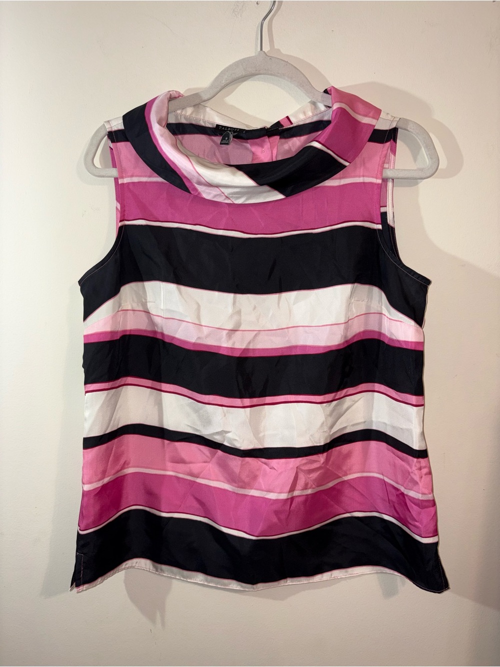 Talbots sleeveless blouse Women’s SZ 8 pink black white striped cowl neckline